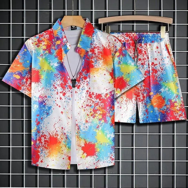 Men's Two-Piece Loose Fit Tie-Dye Striped Shirt and Shorts Set