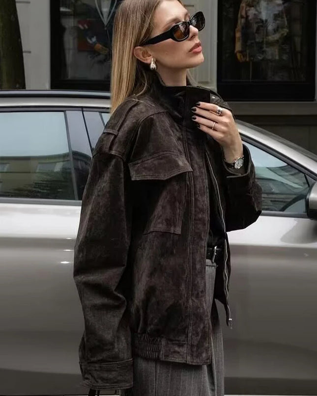 Women's Faux Suede Zipper Jacket - Loose Fit, Chic and Stylish