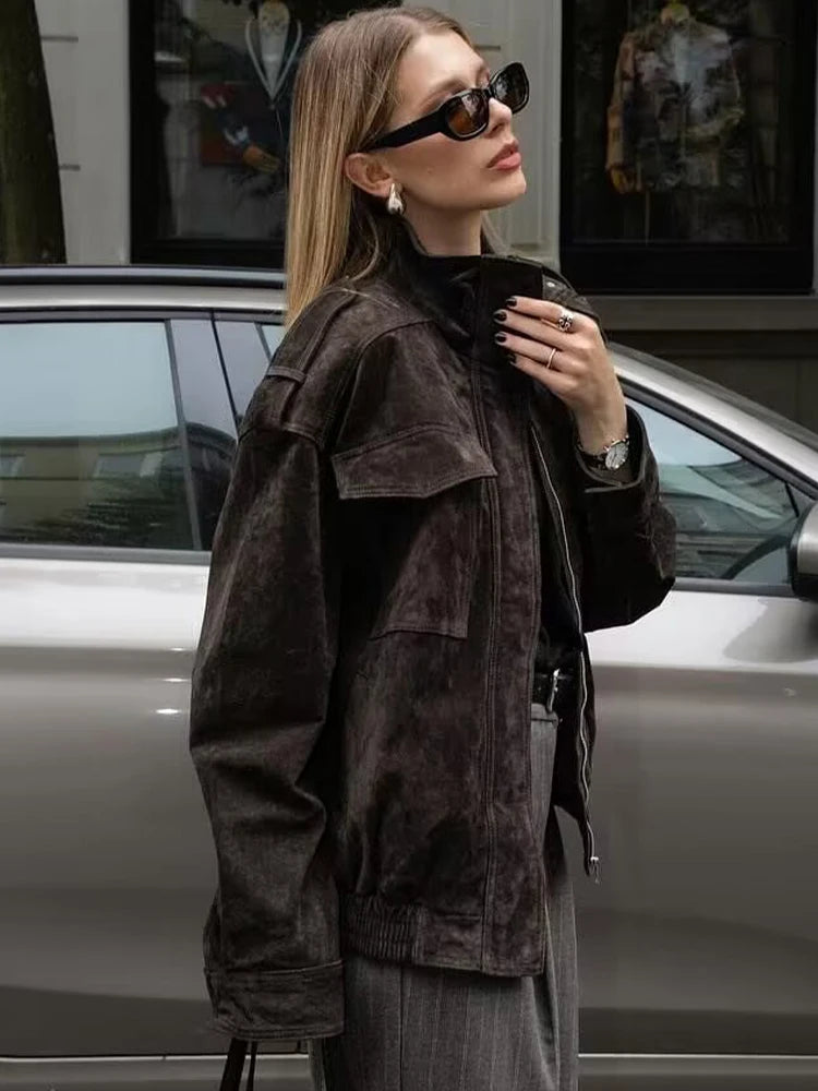 Women's Faux Suede Zipper Jacket - Loose Fit, Chic and Stylish