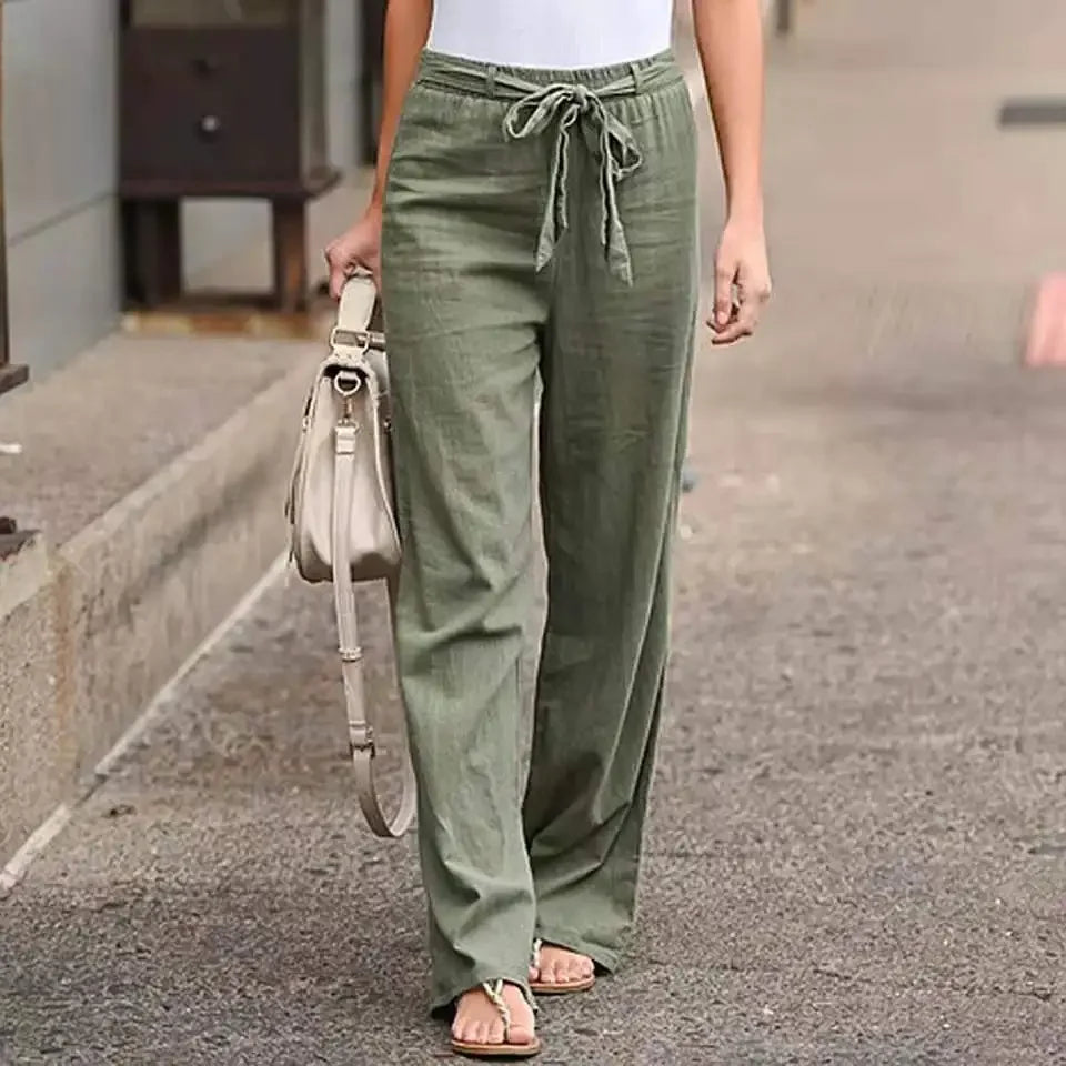 Women's Casual Loose Cotton Linen Pants - Elastic Waist, Straight Fit,
