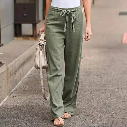 Women's Casual Loose Cotton Linen Pants - Elastic Waist, Straight Fit,
