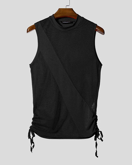 Incerun Men's Mesh Tank Top with Turtleneck and Side Lace Details