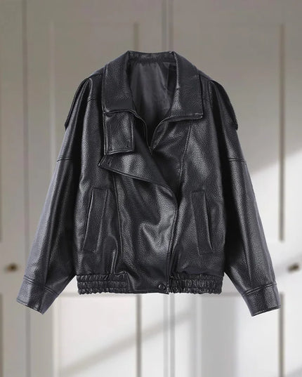 Women's Stand Collar Faux Leather Jacket with Double Button Closure