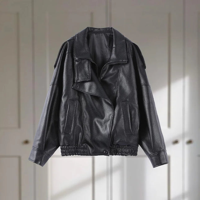 Women's Stand Collar Faux Leather Jacket with Double Button Closure