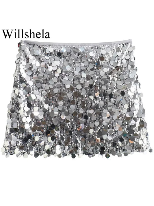 High Waist Sequined Mini Skirt for Women with Side Zipper