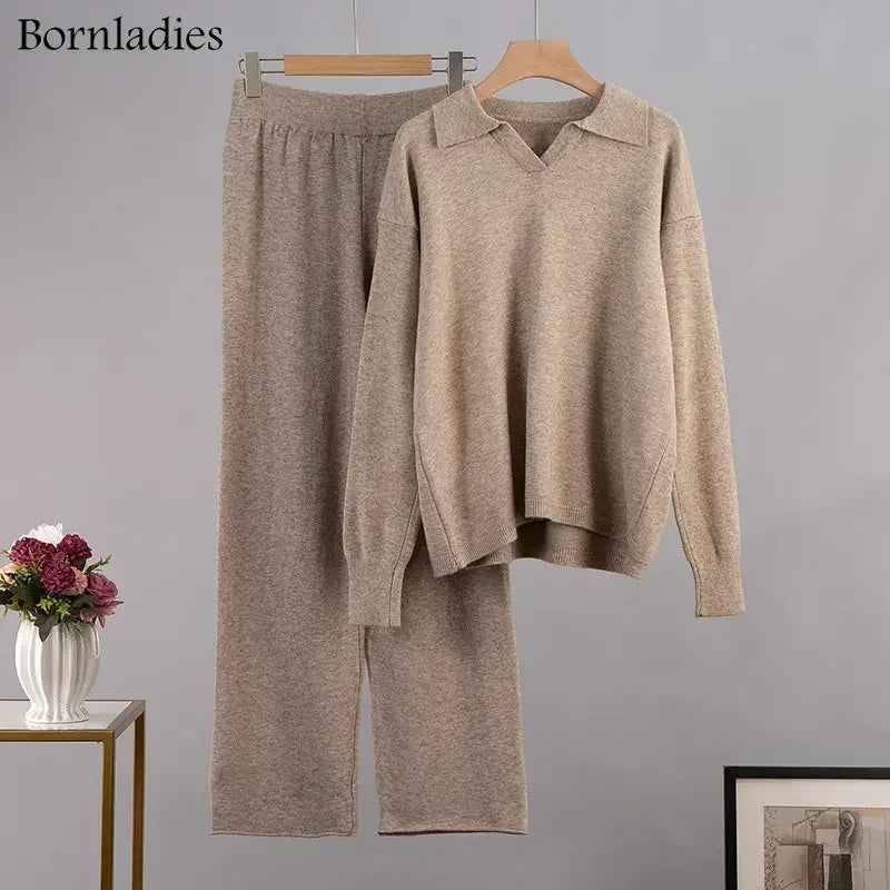 Women's Thick Knitted 2 Piece Set: Soft Polo Neck Sweater & Wide Leg Pants