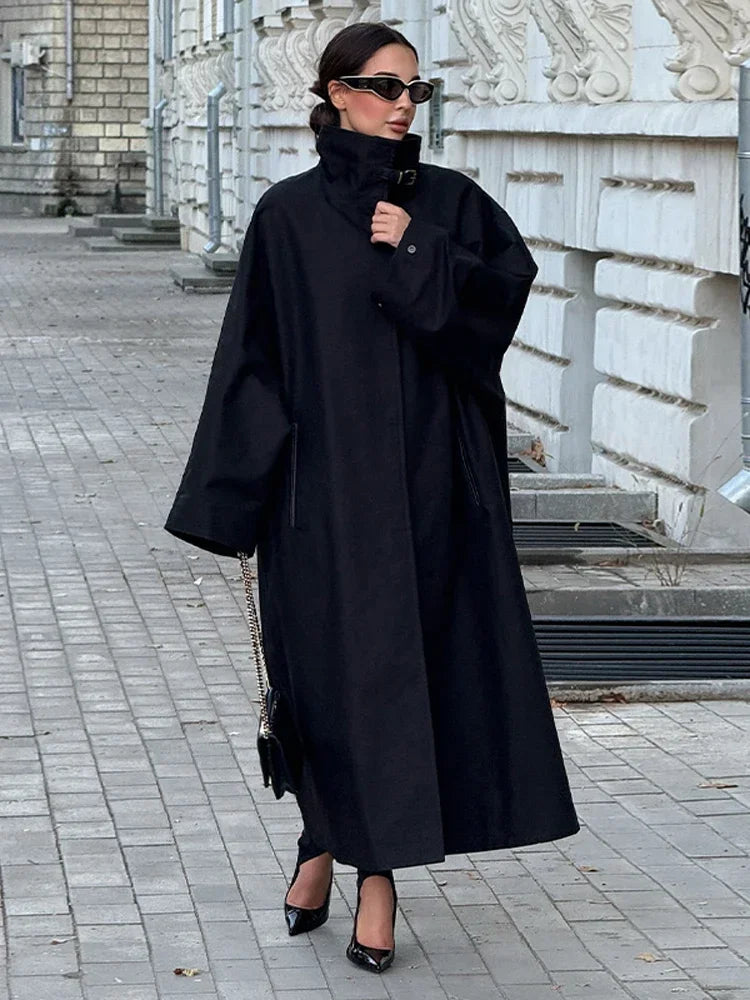 Women's Chic Long Sleeve Trench Coat with Stand Collar and Loose Fit