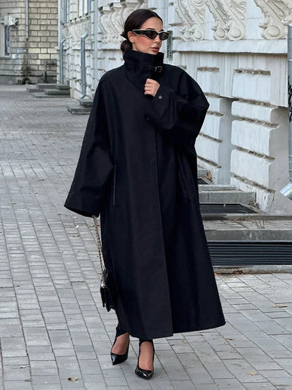 Women's Chic Long Sleeve Trench Coat with Stand Collar and Loose Fit