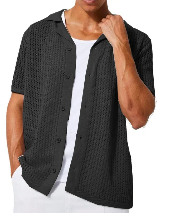 Men's Casual Knitted Shirt with Lapel - Hollow-Out Design - Button Closure