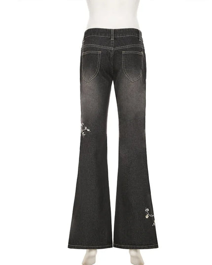 Women's Floral Embroidered Low Rise Flared Denim Jeans