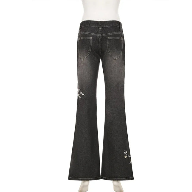 Women's Floral Embroidered Low Rise Flared Denim Jeans