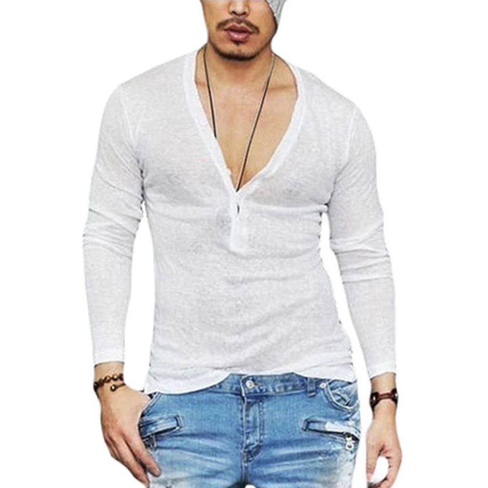 Men's Slim Fit Long Sleeve Deep V-Neck Sheer Sweater
