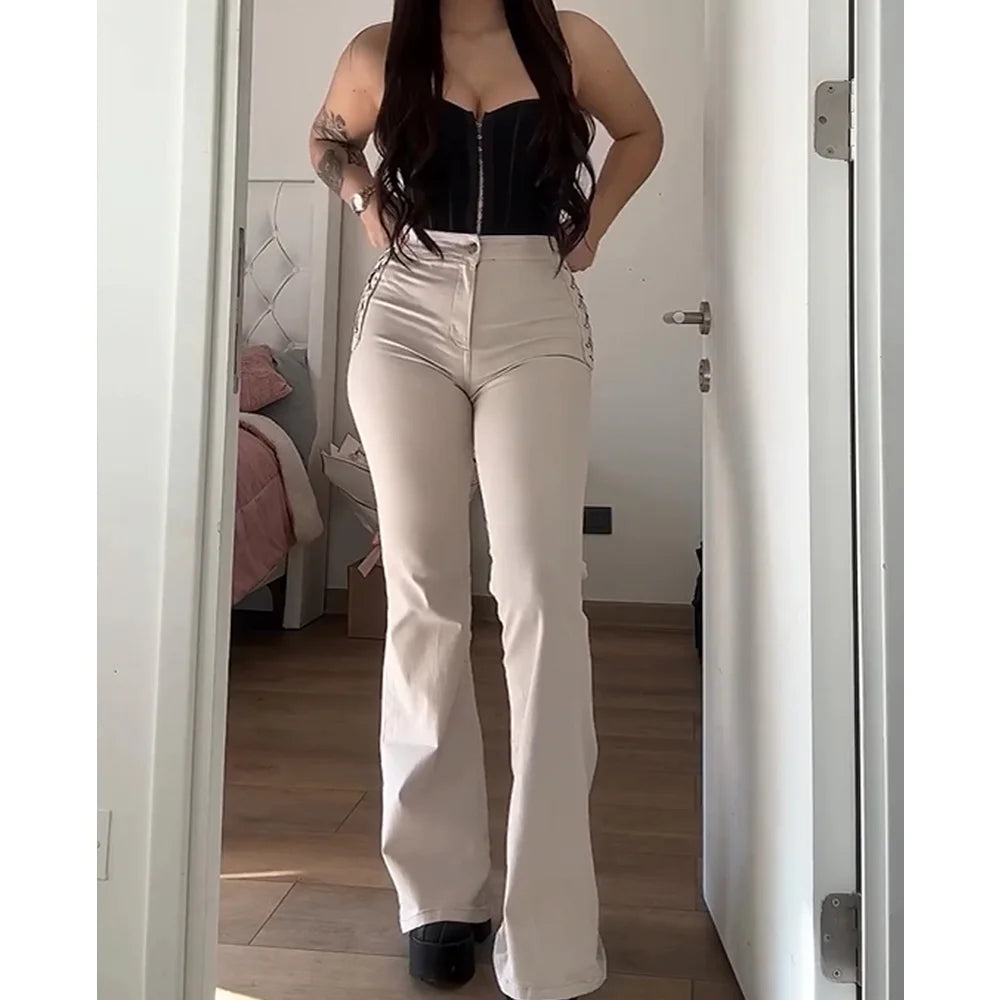 High-Waisted Women's Flare Jeans with Side Braid