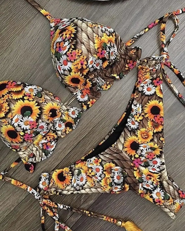 Feather Print Micro Bikini Set for Women – Stylish Bandage Swimwear