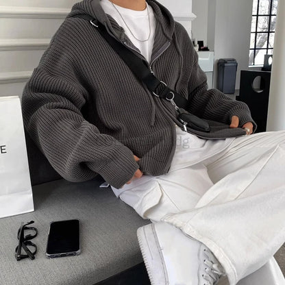 Men's Zip-Up Hooded Cardigan Sweater – Drop Shoulder Knitwear Jacket for Men