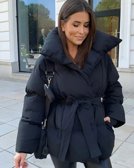 Women's Cotton-Filled Coat with Lapel Tie and Waist Cinching