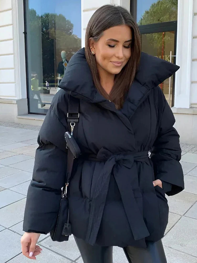 Women's Cotton-Filled Coat with Lapel Tie and Waist Cinching