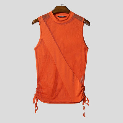 Incerun Men's Mesh Tank Top with Turtleneck and Side Lace Details