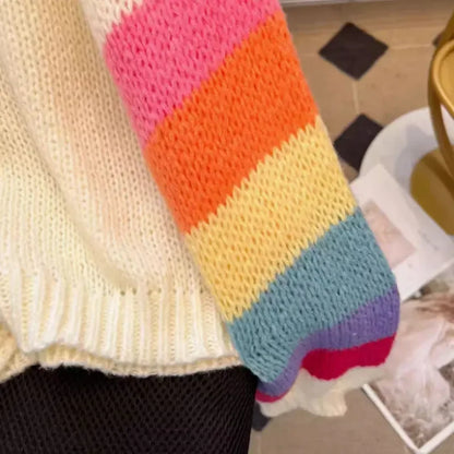 Rainbow-Striped Knitted Women's Cardigan with Button Closure