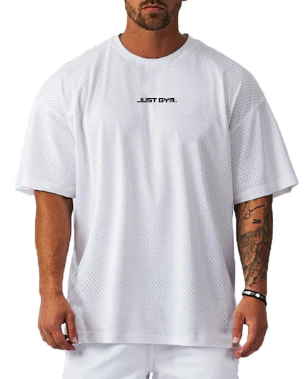 Men's Mesh Breathable "Just Gym" Print Quick-Dry Oversized Loose Fit T-Shirt
