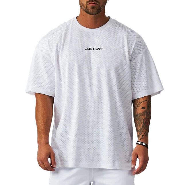 Men's Mesh Breathable "Just Gym" Print Quick-Dry Oversized Loose Fit T-Shirt