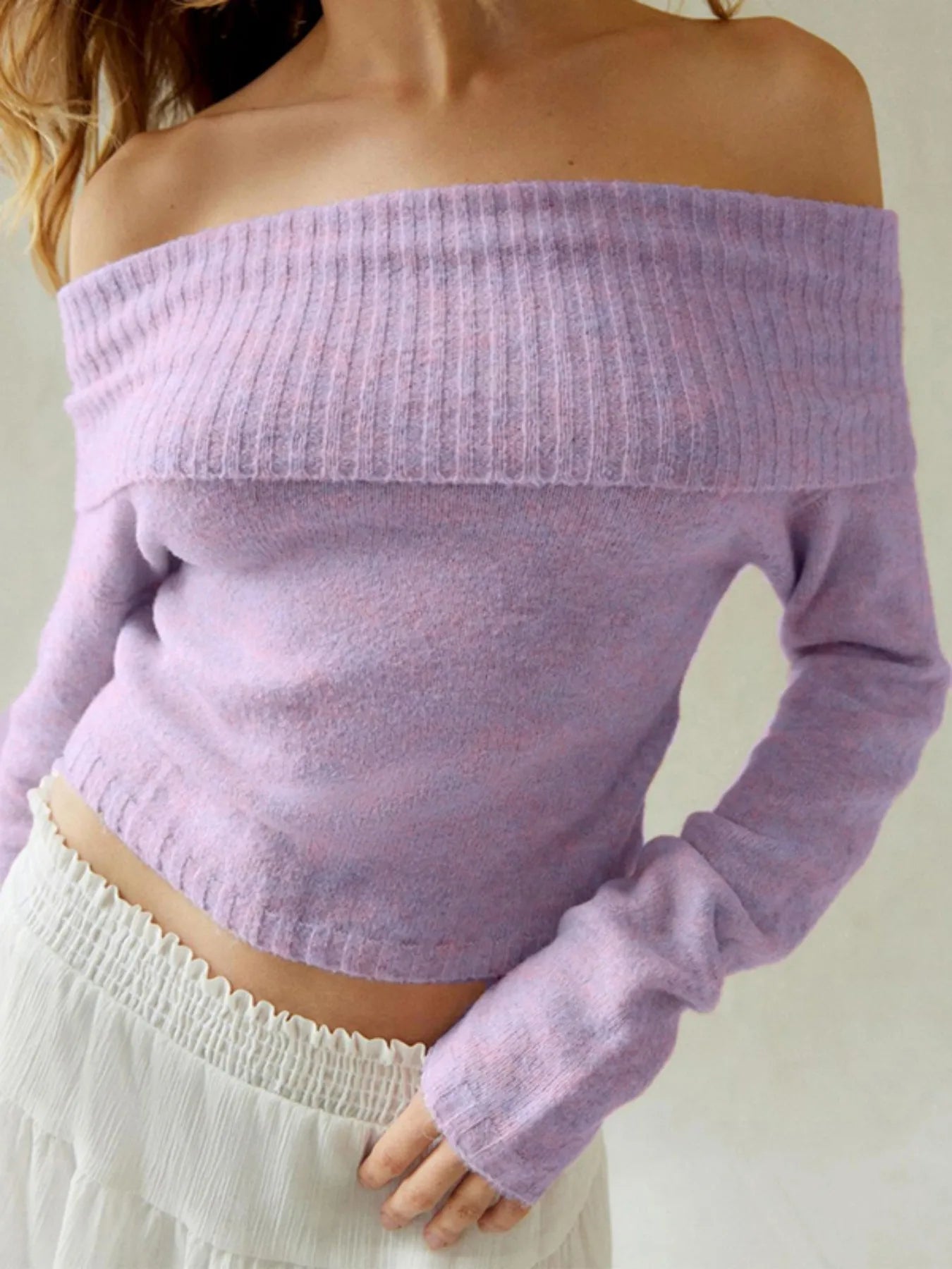 Women's Black Off-Shoulder Ribbed Knit Long Sleeve Slim Fit Casual Cropped Sweater