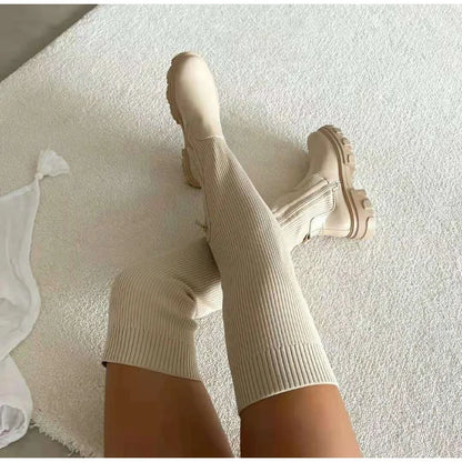 Women's Thigh High Boots - Breathable Knitted Sock Design with Thick Sole