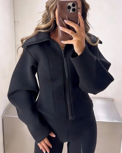 Women's Long Sleeve Zipper Jacket with Turn-Down Collar – Casual and Chic