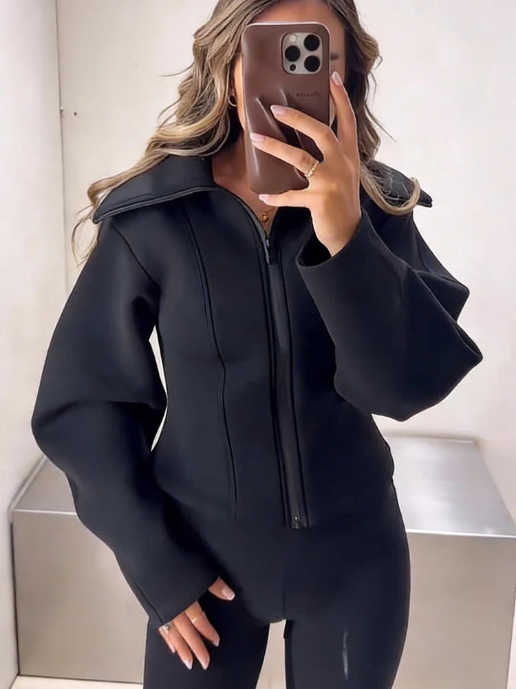 Women's Long Sleeve Zipper Jacket with Turn-Down Collar – Casual and Chic