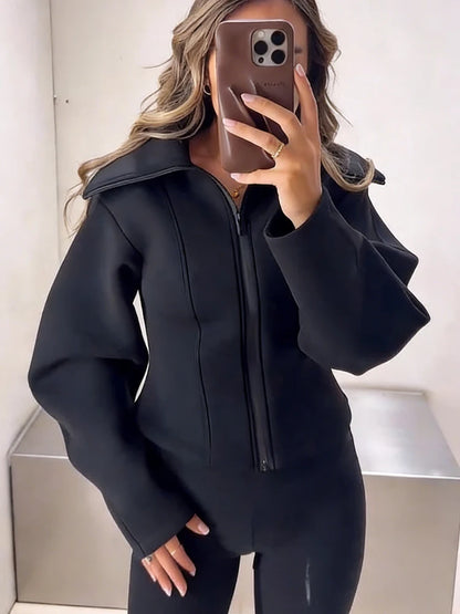 Women's Long Sleeve Zipper Jacket with Turn-Down Collar – Casual and Chic
