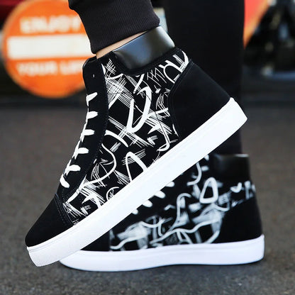 Men's Lace-Up High-Top Canvas Sneakers with Vulcanized Sole