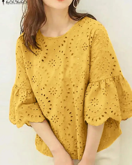 ZANZEA Women's Casual Loose Blouse with Hollow Out Lace Crochet Embroidery