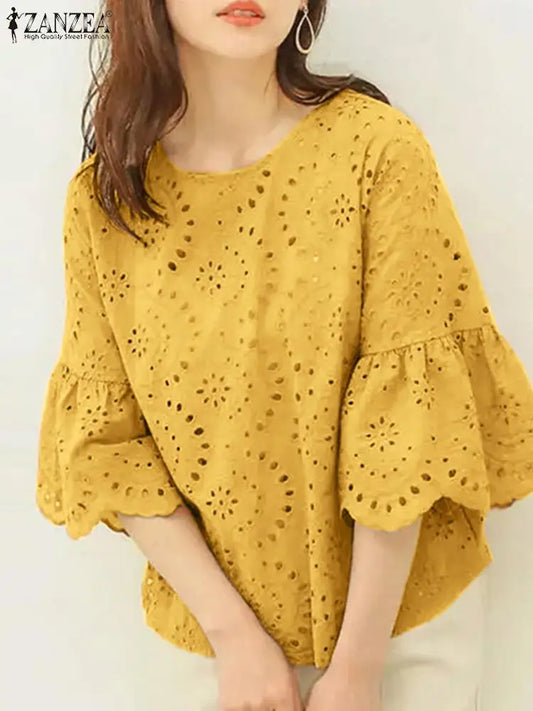 ZANZEA Women's Casual Loose Blouse with Hollow Out Lace Crochet Embroidery