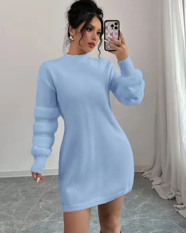 Women's Casual Loose-Fit Knit Patchwork Dress with Stand Collar