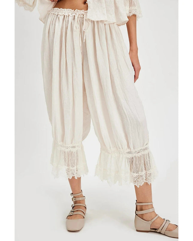 Women's Floral Lace Loose Fit Cropped Pants - High Waist Drawstring Calf-Length Lantern Bloomers