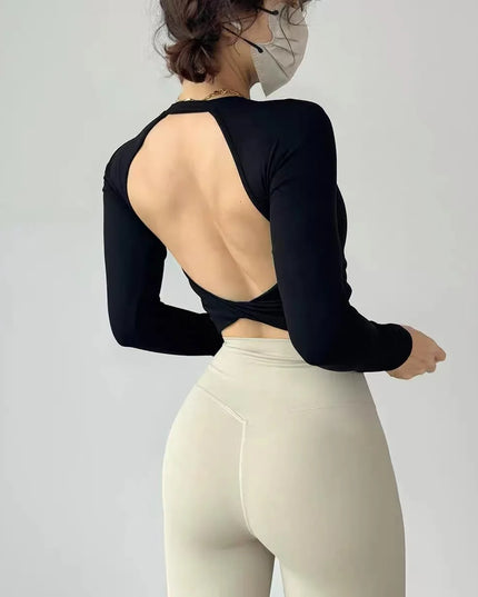 Long Sleeve Women's Yoga Top with Fixed Chest and Backless Design