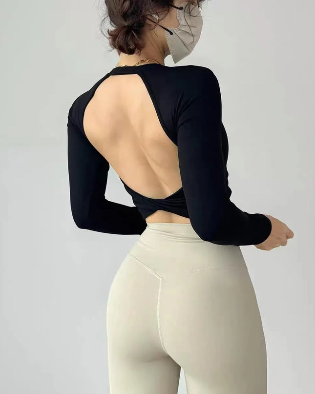 Long Sleeve Women's Yoga Top with Fixed Chest and Backless Design