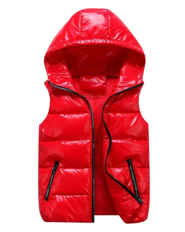 Women's Glossy Hooded Vest Jacket with Zipper Pockets - Classic Fit