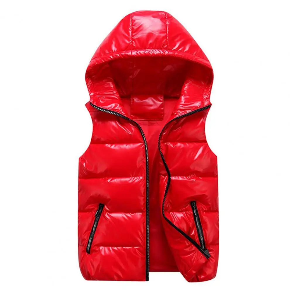 Women's Glossy Hooded Vest Jacket with Zipper Pockets - Classic Fit