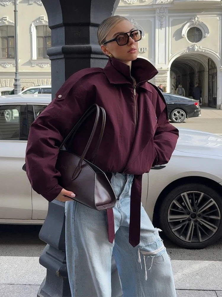 Women's Zipper Bomber Jacket – Loose Fit, Stand Collar, Button Closure