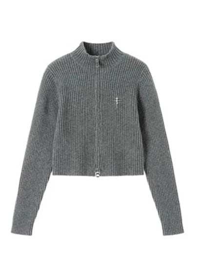Women's Vintage Zipper Cardigan - Cropped Knit Sweater for Women