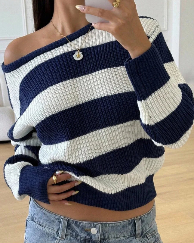 Women's Striped Knitted Sweater with Round Neck