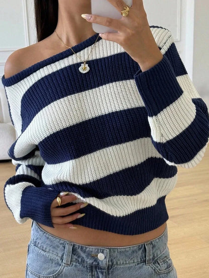 Women's Striped Knitted Sweater with Round Neck