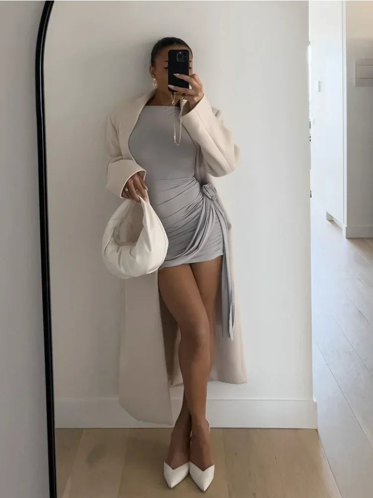 Floral Design Pleated Mini Dress with Long Sleeves for Women