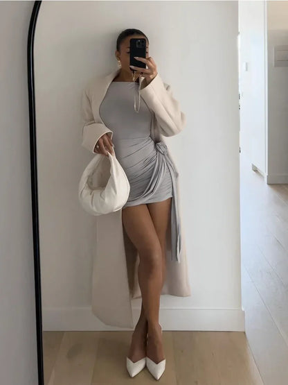 Floral Design Pleated Mini Dress with Long Sleeves for Women