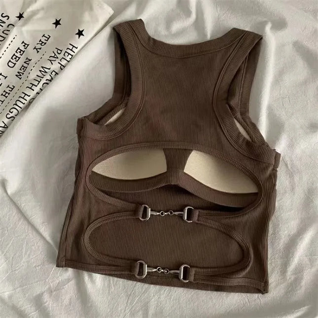 Women’s Casual Backless Sports Tank Top with Built-In Bra Pad