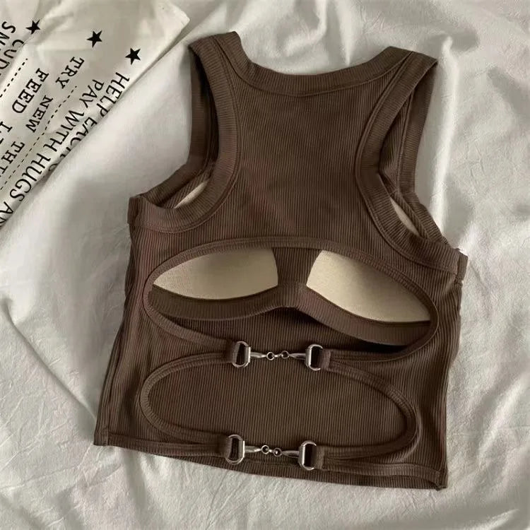 Women’s Casual Backless Sports Tank Top with Built-In Bra Pad