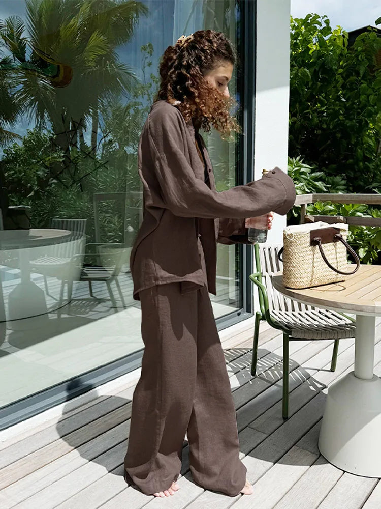 Women's Cotton 2-Piece Shirt and Pants Set with Drawstring