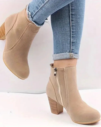 Women's Chunky Heel Ankle Boots with Zip Closure