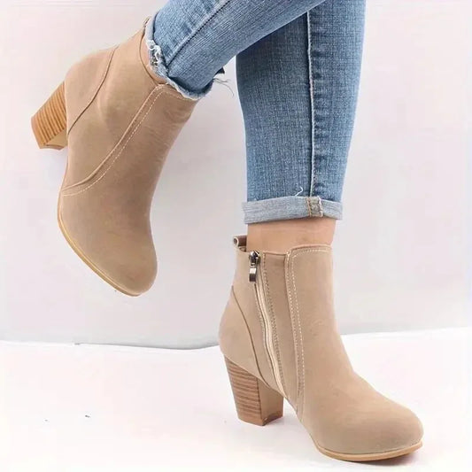 Women's Chunky Heel Ankle Boots with Zip Closure